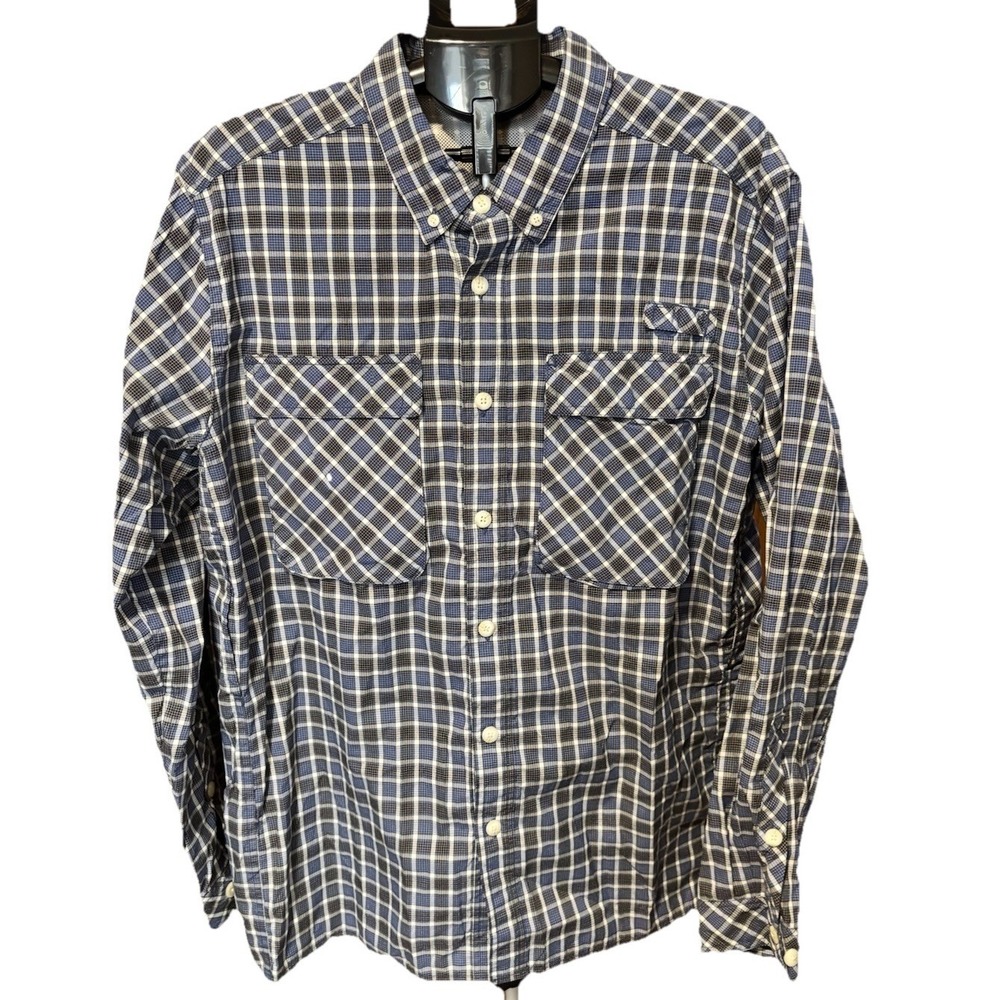 ExOfficio Shirt Mens XL Plaid Blue Black Button Up Pockets Vented‎ Fish Roll Tab